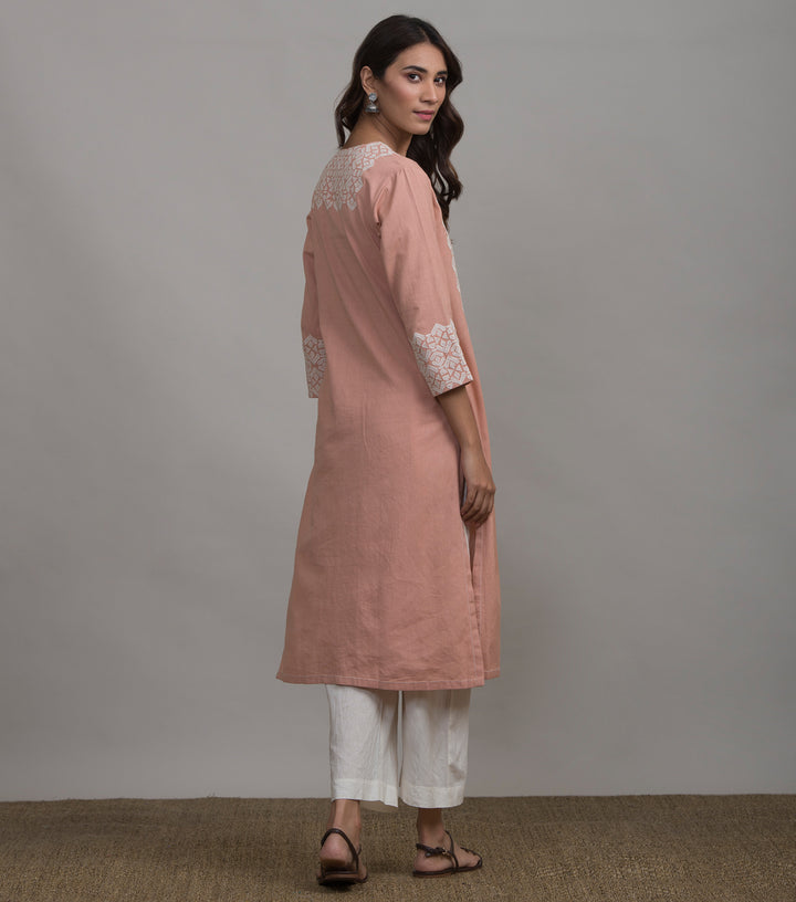 Peach applique work kurta