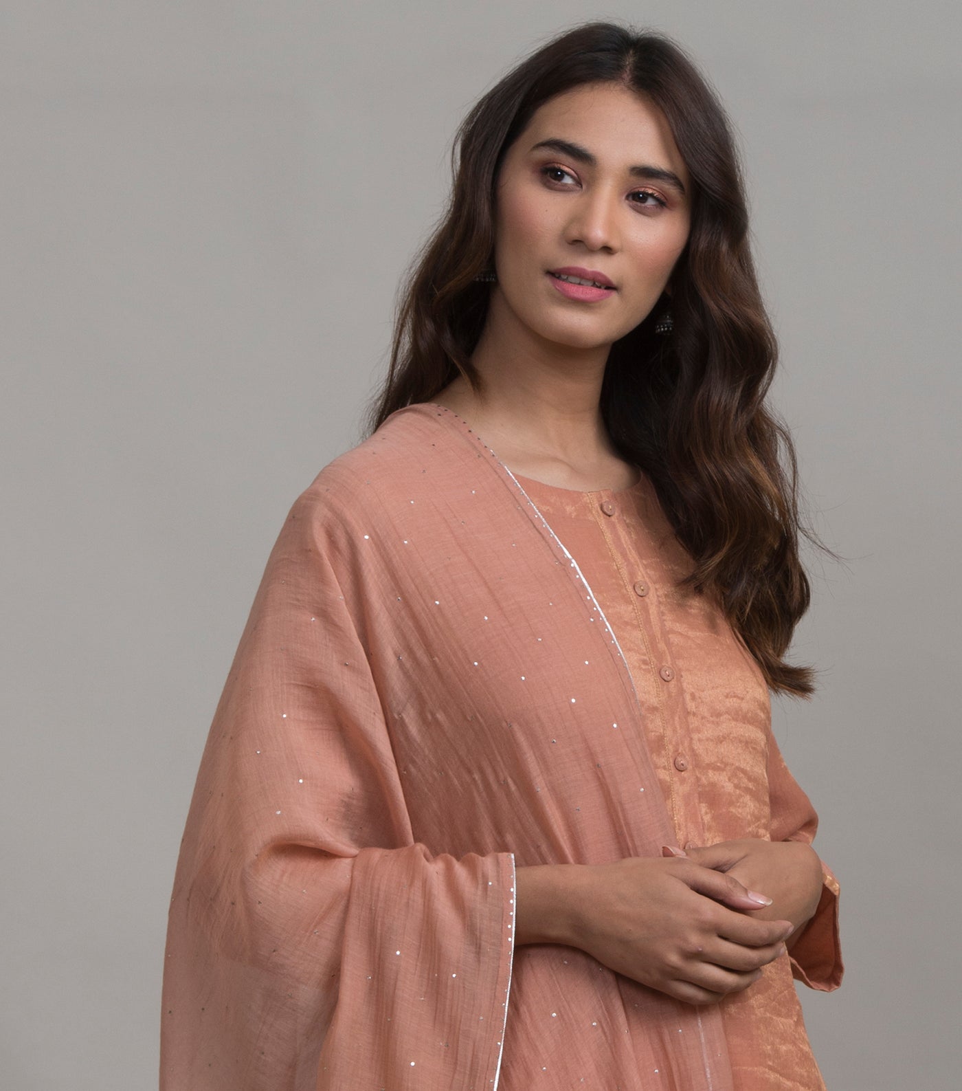 Peach Mukaish Work Chanderi Dupatta