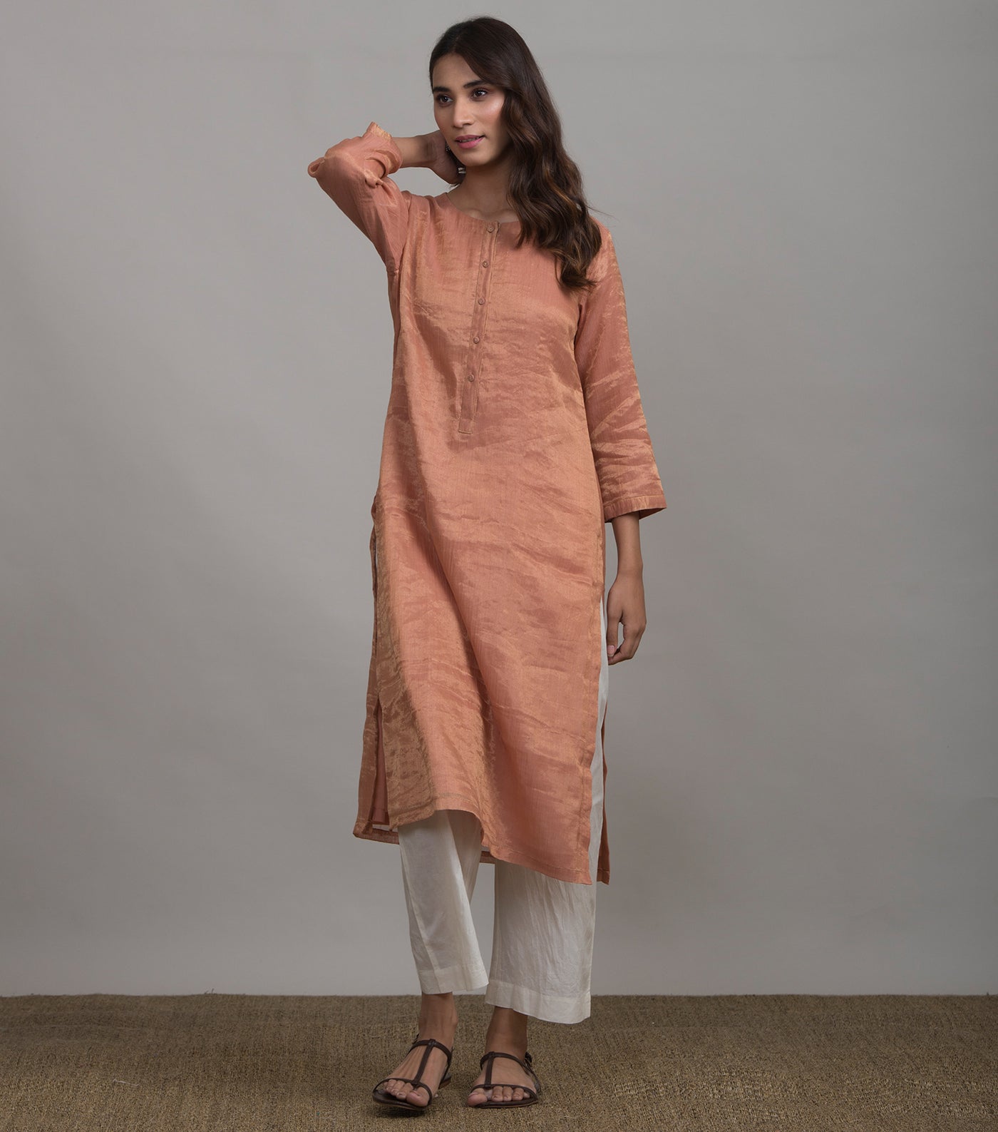 Peach solid tissue kurta