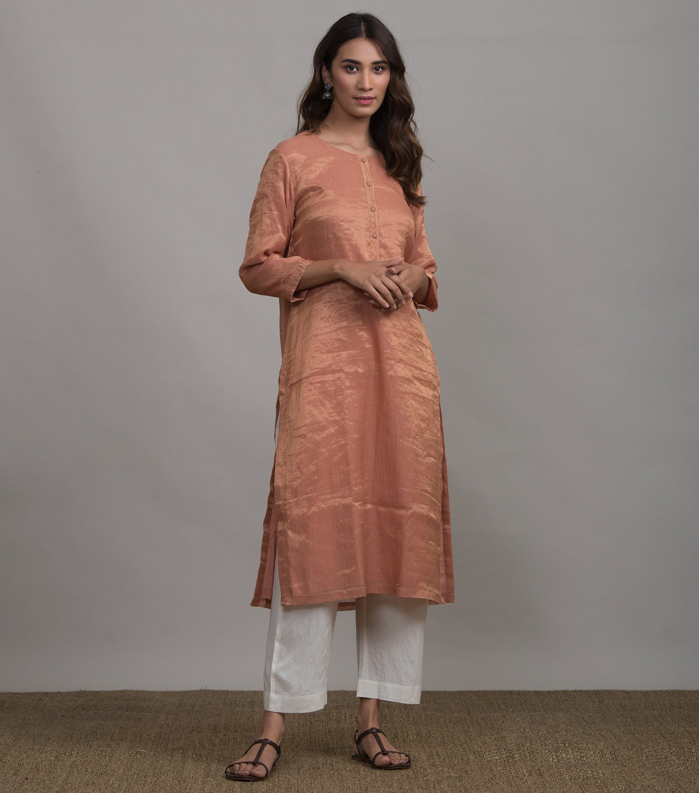 Peach solid tissue kurta