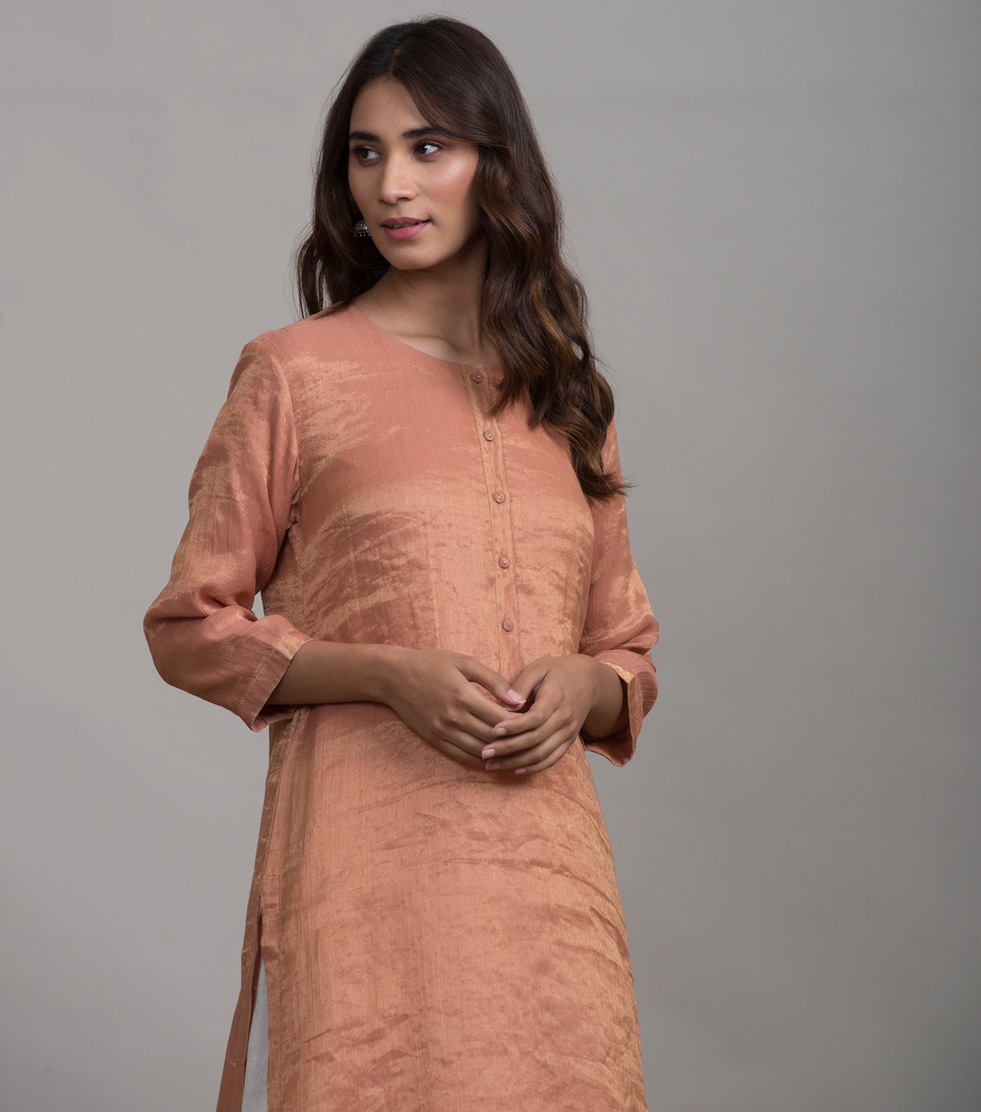 Peach solid tissue kurta