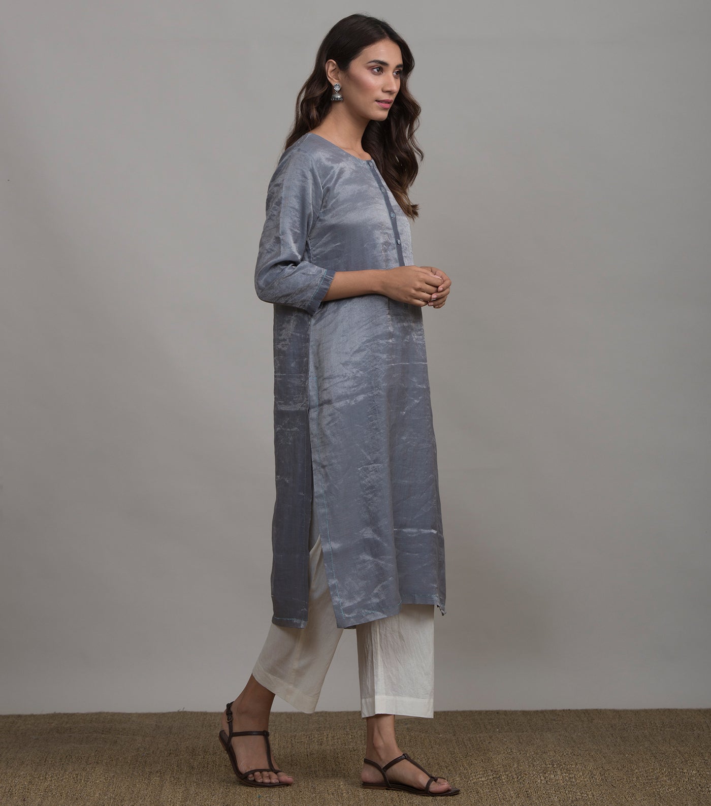 Blue solid tissue kurta