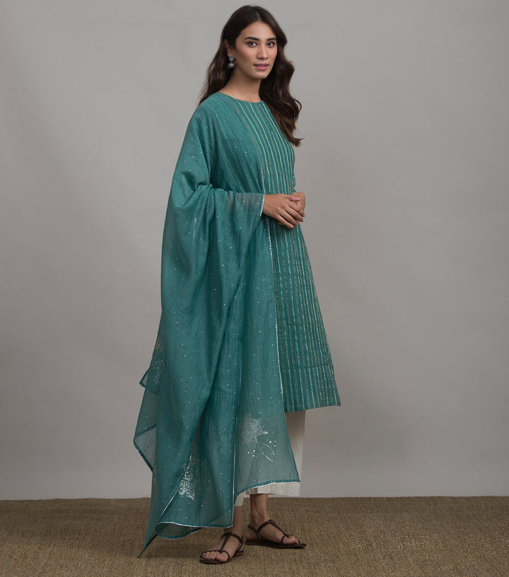 Green chanderi striped kurta