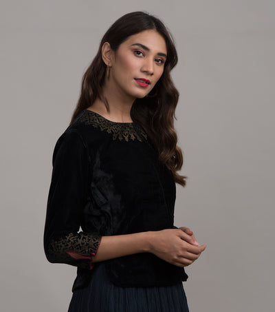 Black velvet embroidered blouse