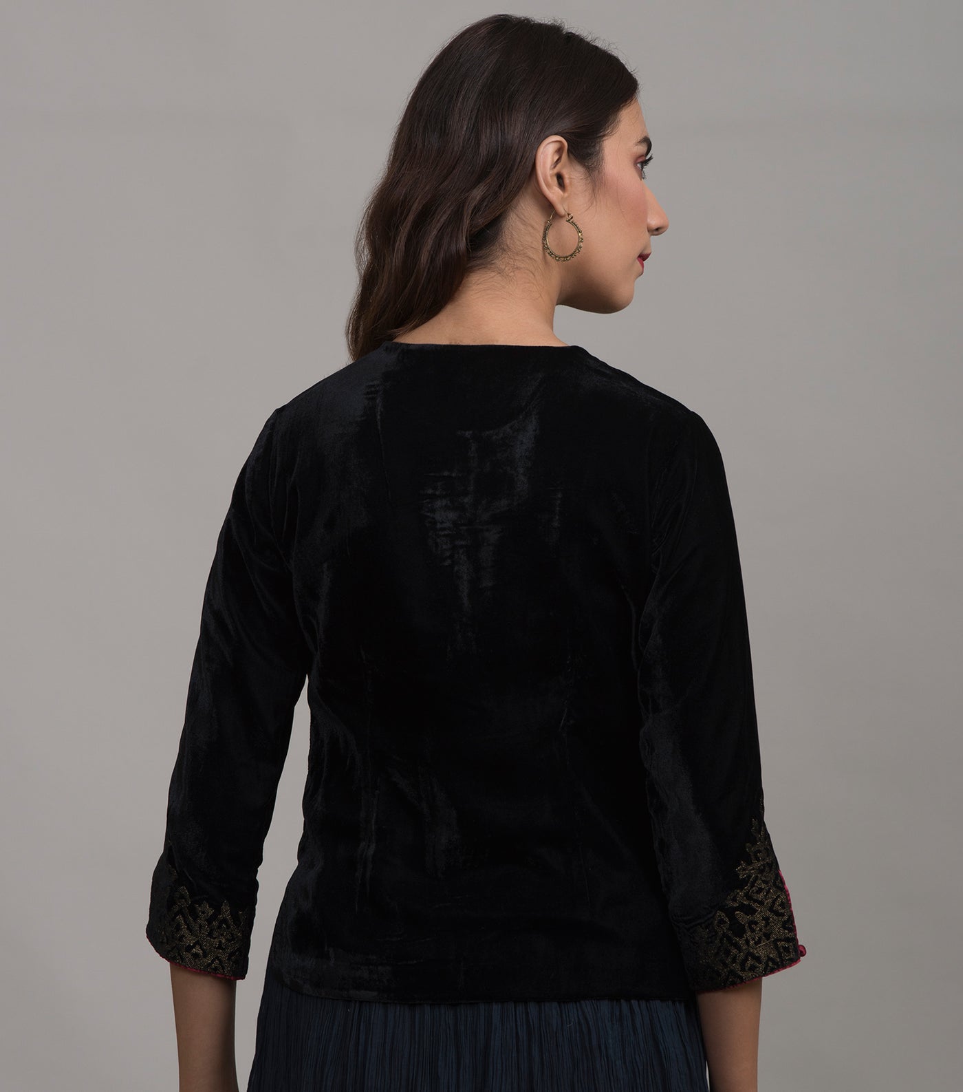 Black embroidered velvet blouse