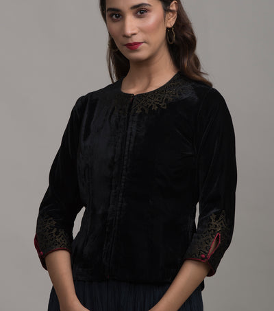 Black embroidered velvet blouse