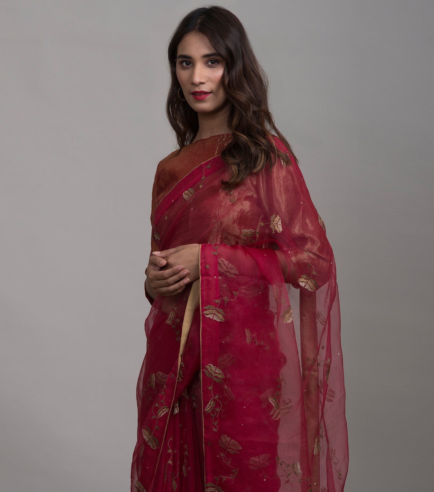 Rani Pink embroidered organza saree