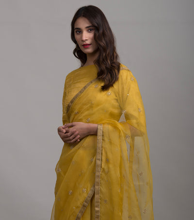 Yellow embroidered organza saree