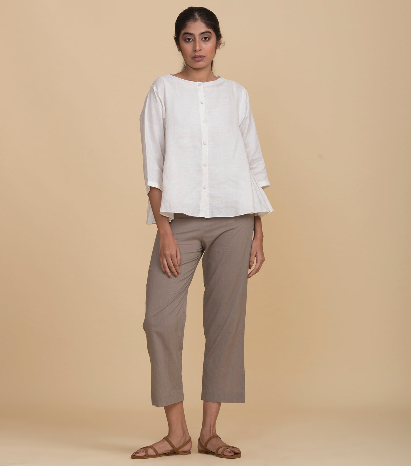 Beige Cotton Straight Pant