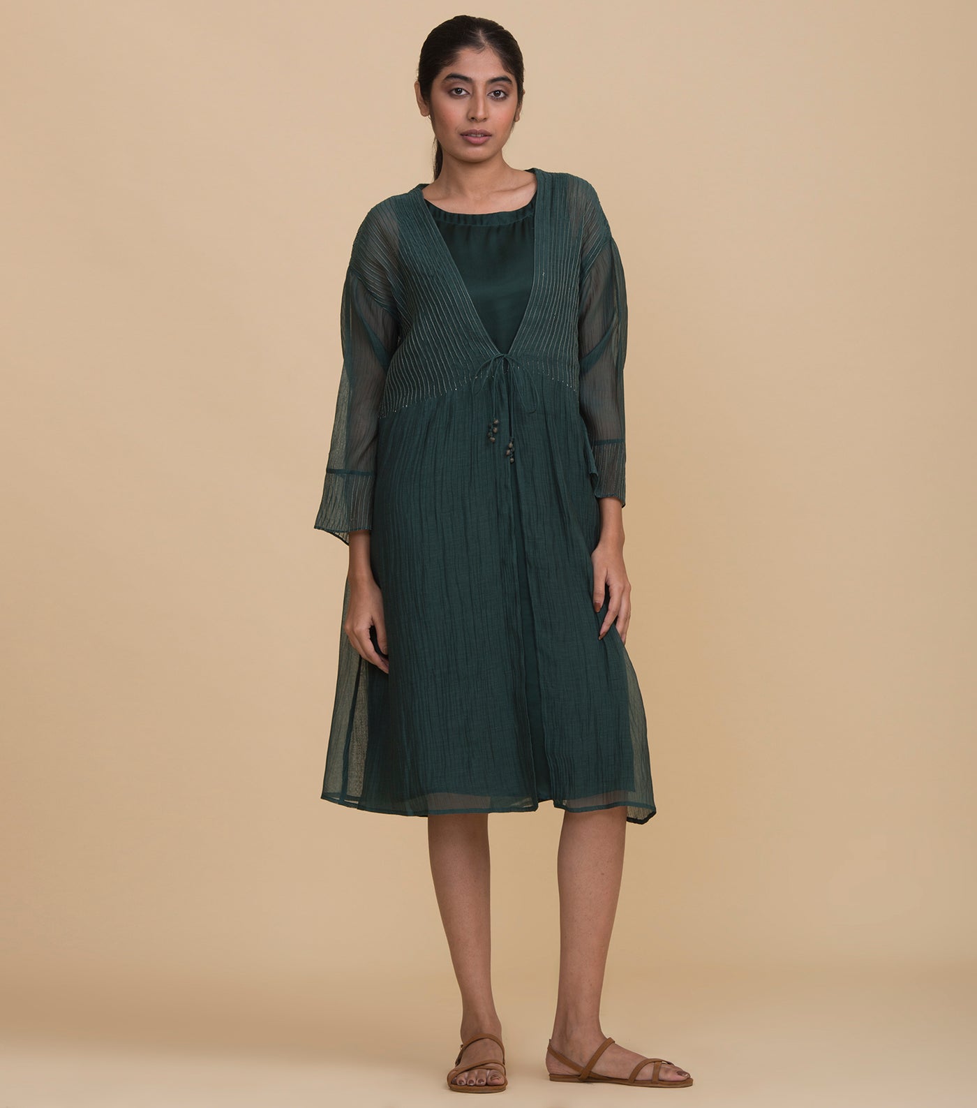 Emerald green chanderi cape set