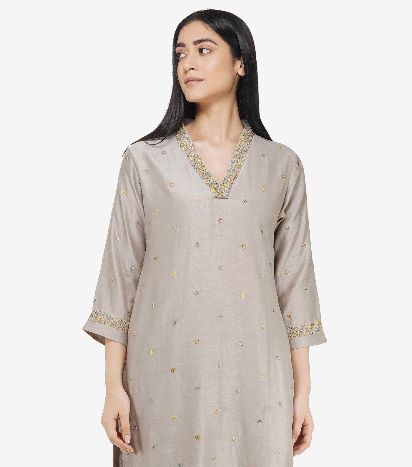 Light Grey Embroidered Chanderi Suit Set