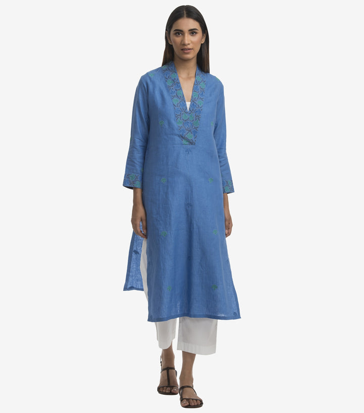 Blue linen embroidered kurta