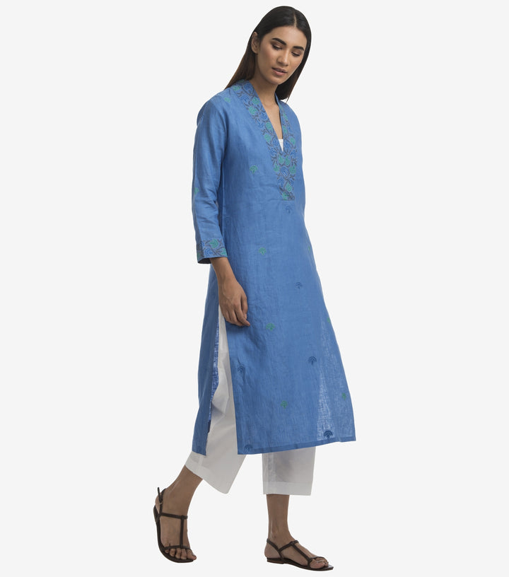 Blue linen embroidered kurta