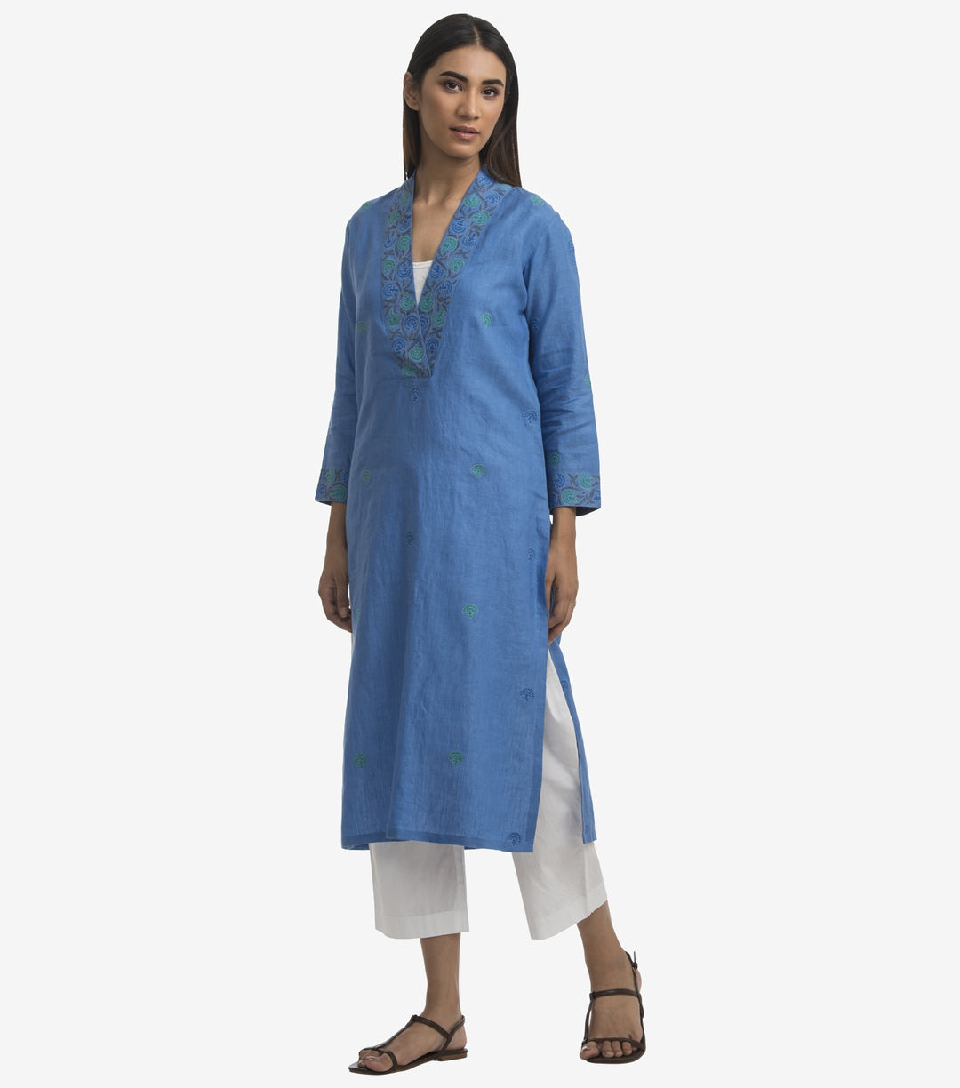 Blue linen embroidered kurta