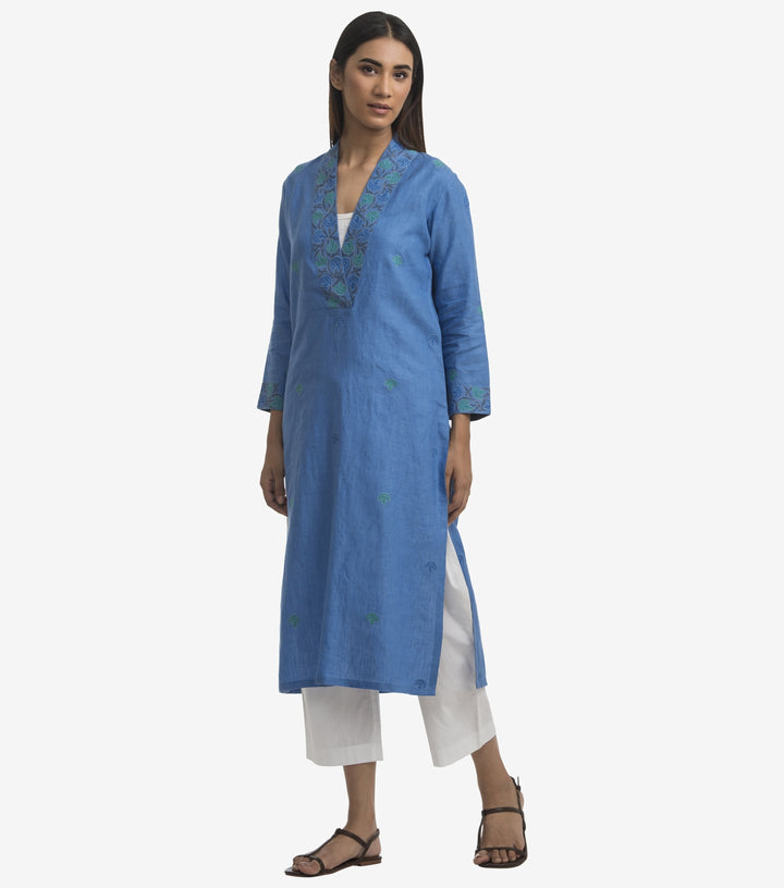 Blue linen embroidered kurta