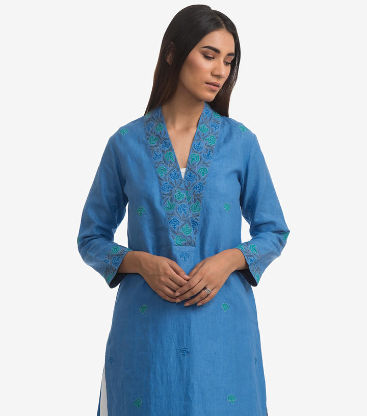Blue linen embroidered kurta