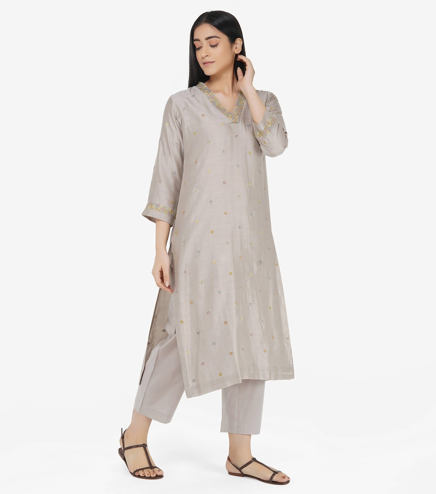 Light Grey Embroidered Chanderi Suit Set