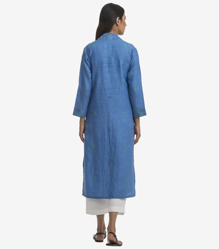 Blue linen embroidered kurta