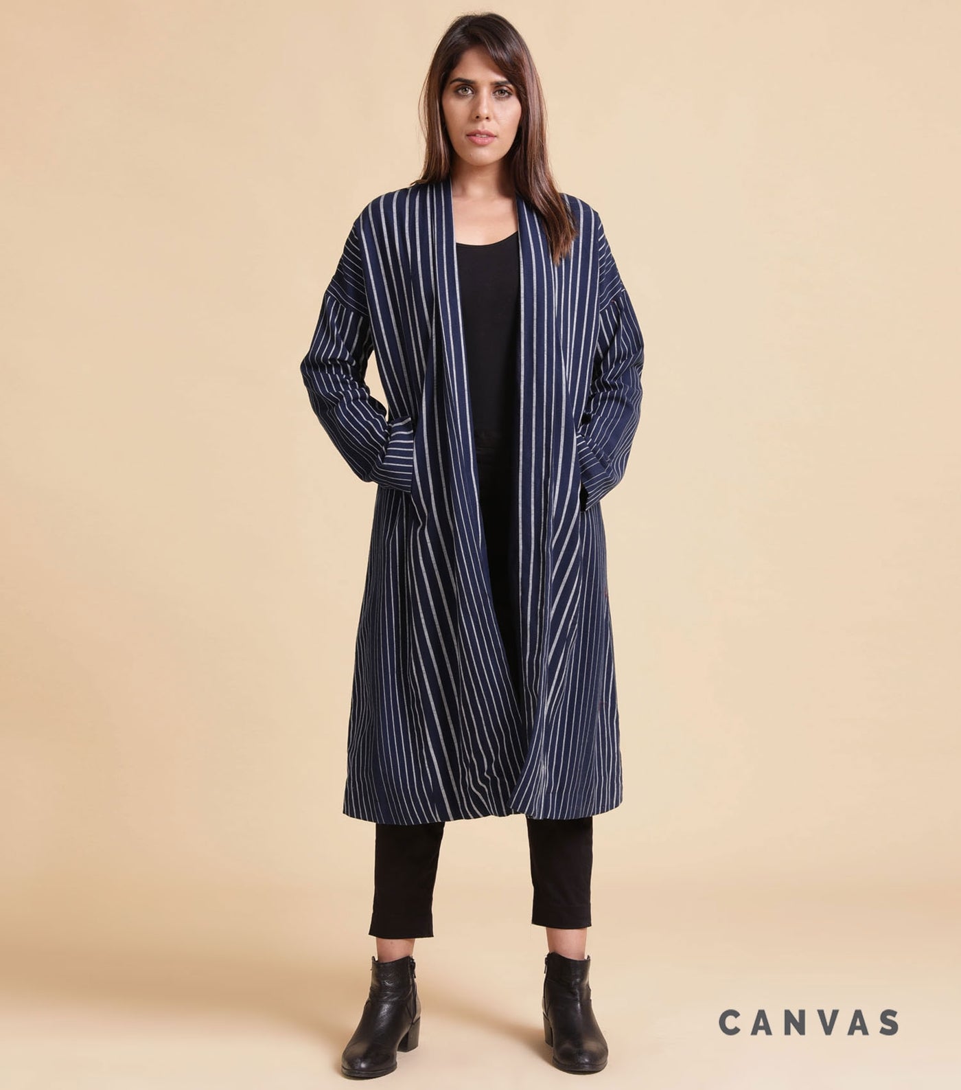 Blue striped cotton long coat