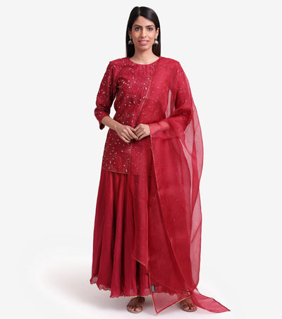 Deep Red Embroidered Chanderi Kurta & Skirt Set