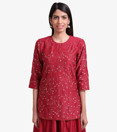 Deep Red Embroidered Chanderi Kurta & Skirt Set