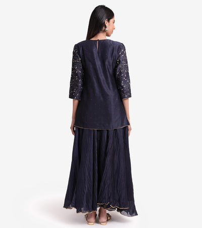 Navy Blue Chanderi Emboirdered Kurta & Skirt Set