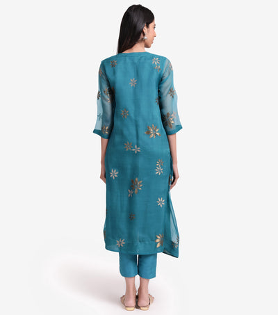 Teal organza embroidered kurta set