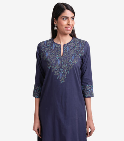 Blue Embroidered Cotton Kurta Set