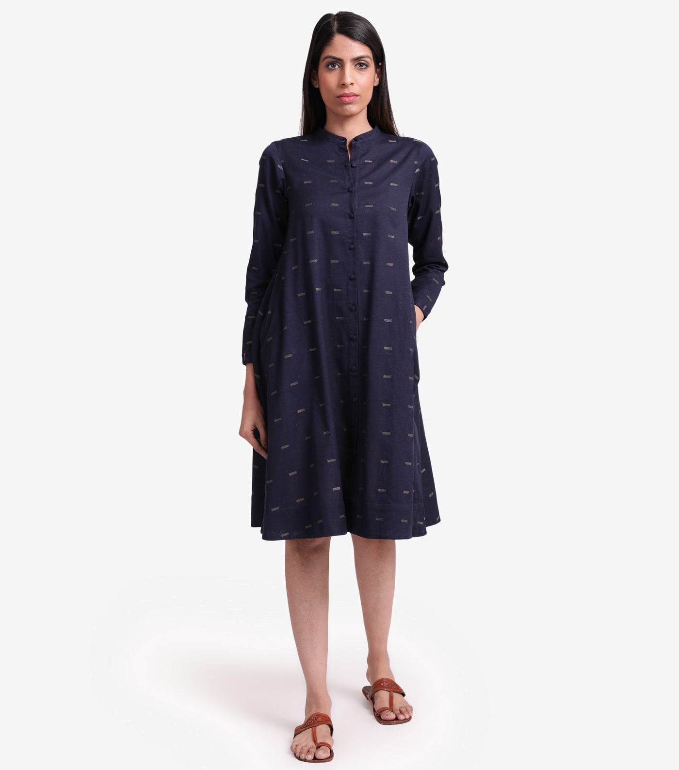 Navy blue embroidered cotton linen dress