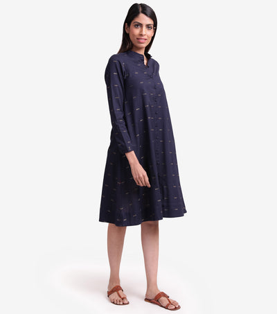 Navy blue embroidered cotton linen dress