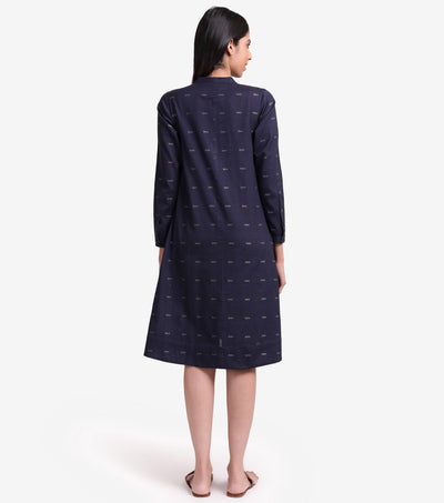 Navy blue embroidered cotton linen dress