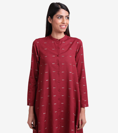 Maroon Embroidered cotton linen Dress