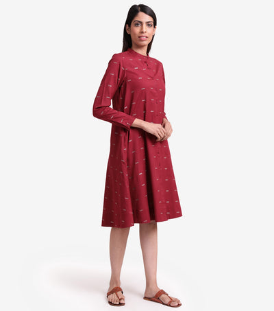 Maroon Embroidered cotton linen Dress