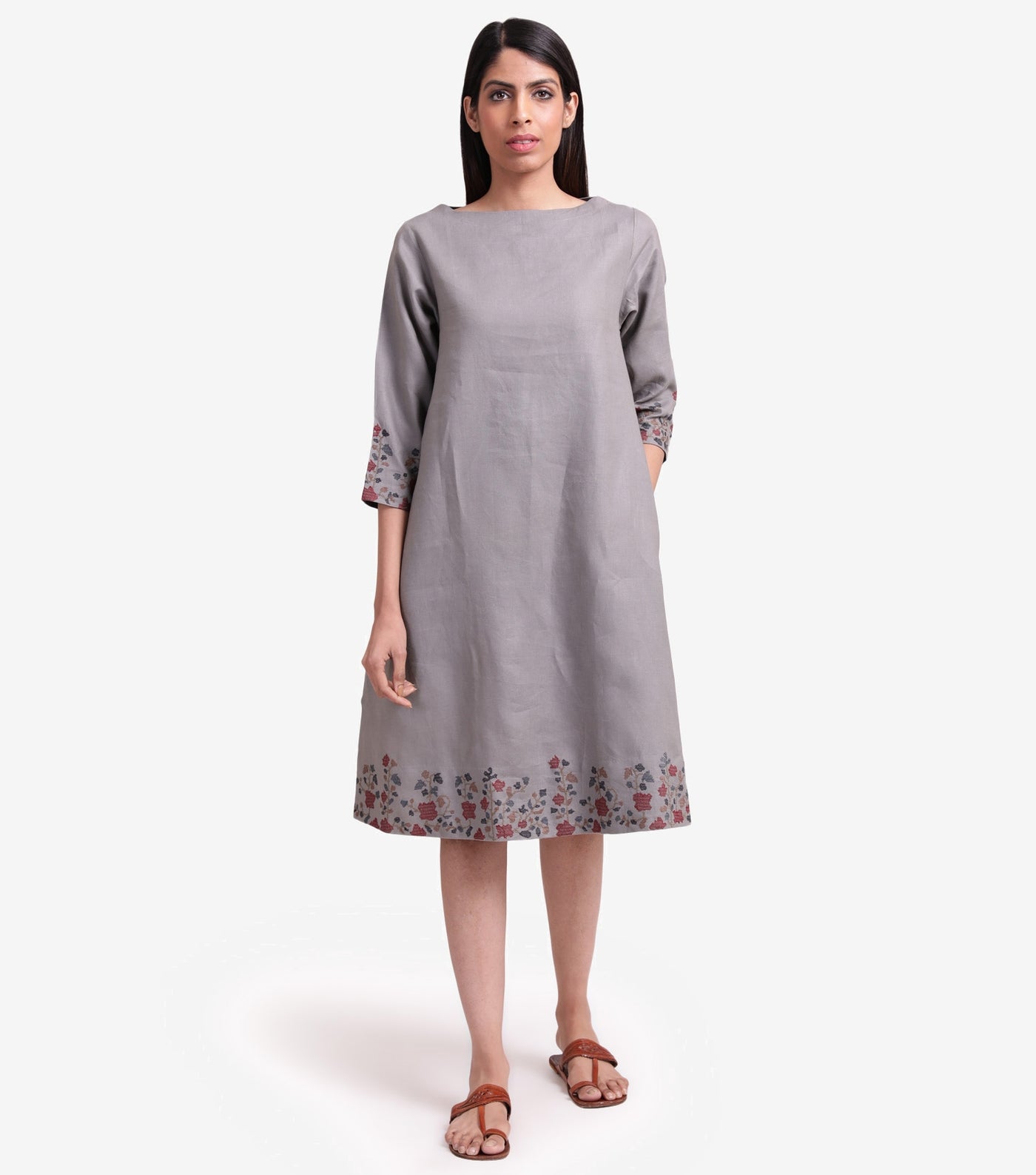 Stone grey embroidered linen dress