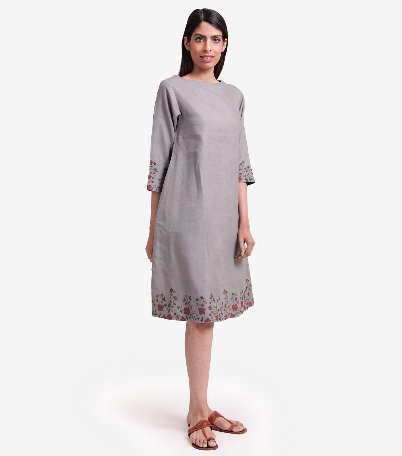 Stone grey embroidered linen dress