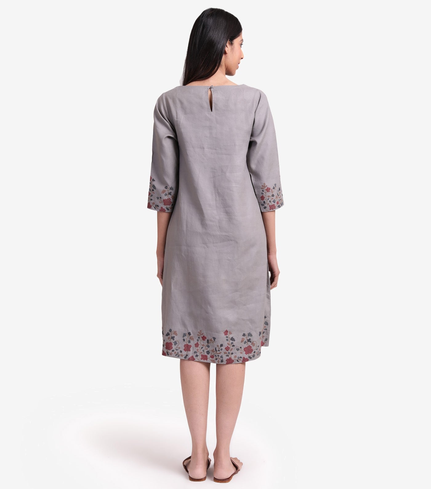 Stone grey embroidered linen dress