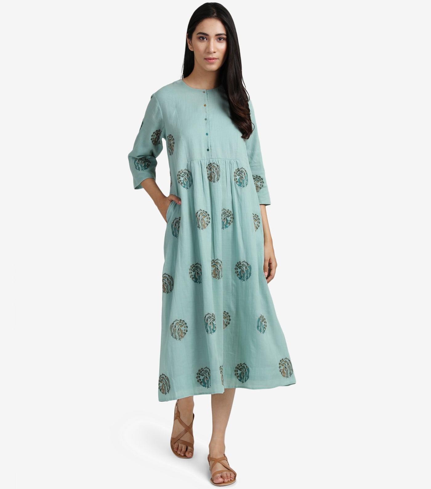 Sea Green embroidered cotton dress