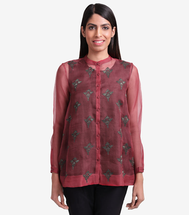 Maroon Embroidered Organza Shirt