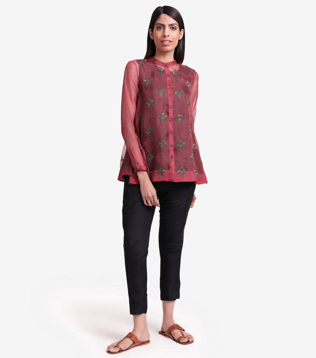 Maroon Embroidered Organza Shirt