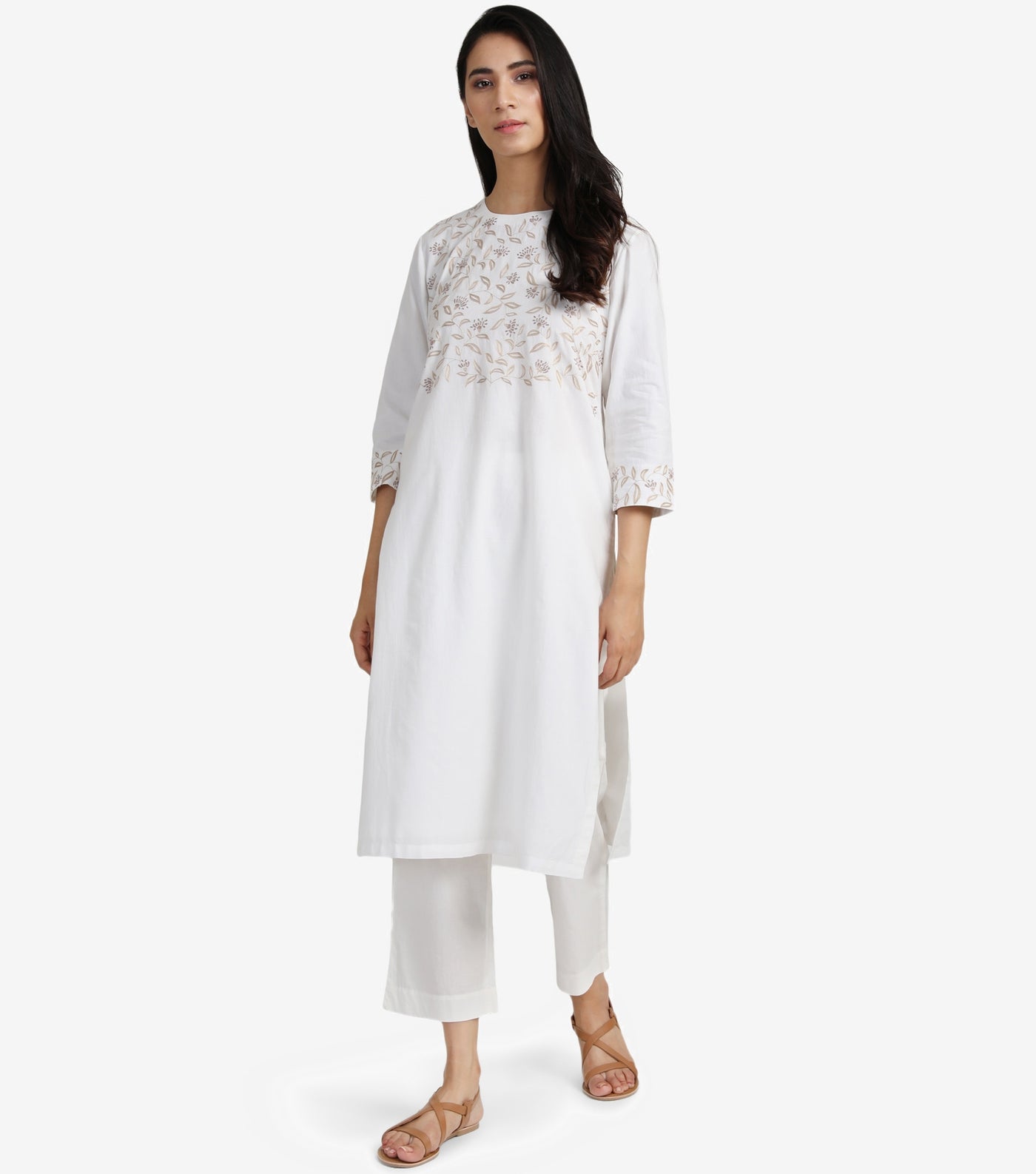 Natural embroidered cotton kurta