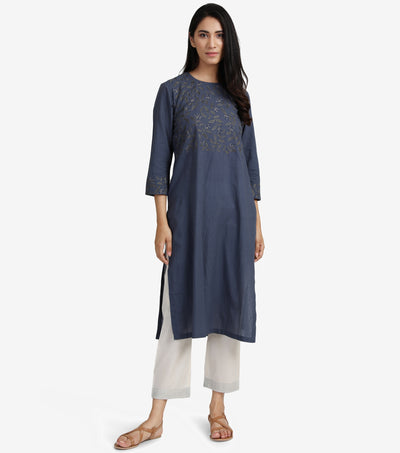 Blue embroidered cotton kurta