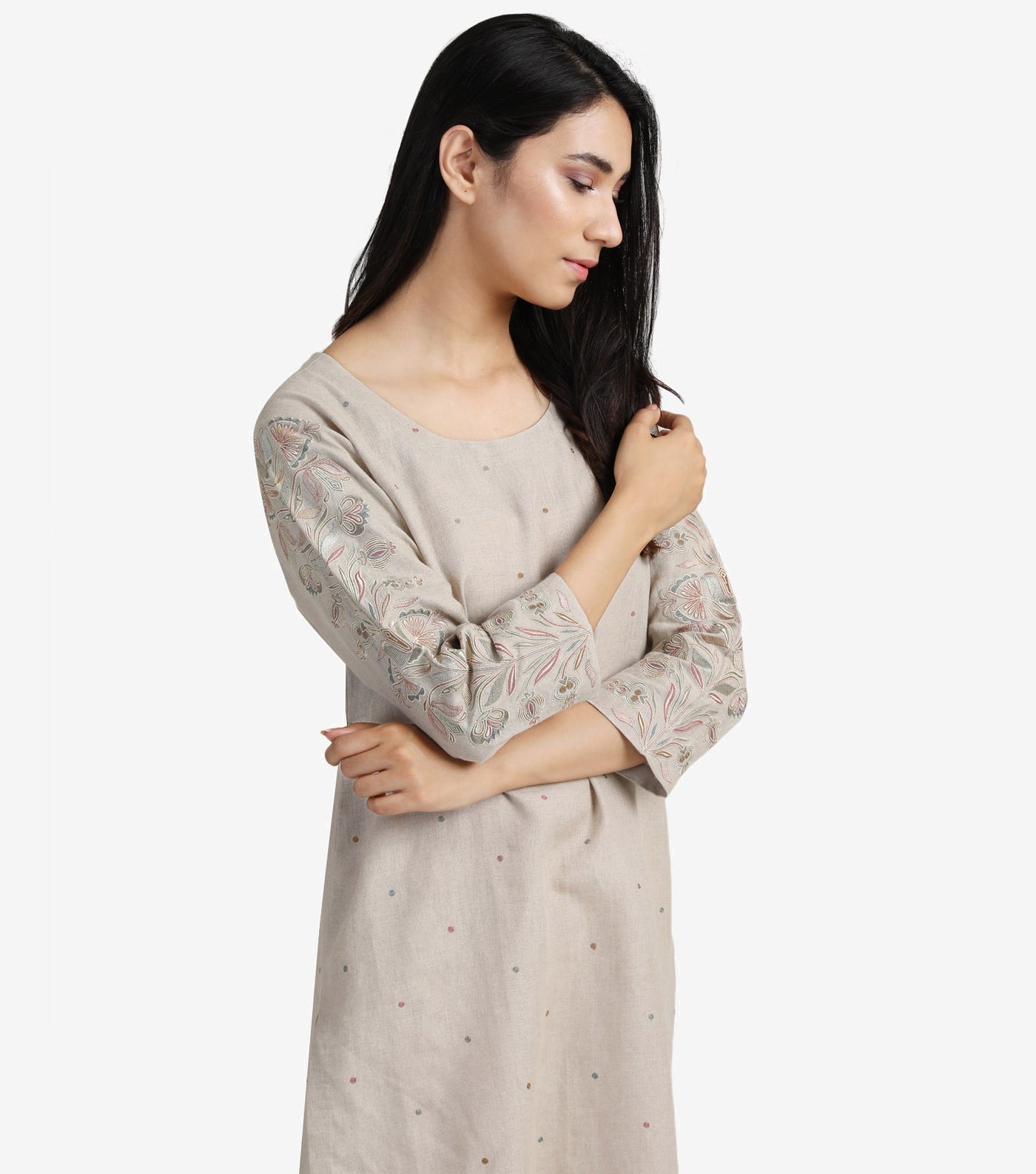 Beige embroidered linen kurta