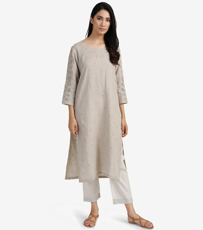 Beige embroidered linen kurta