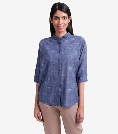 Blue khadi embroidered shirt