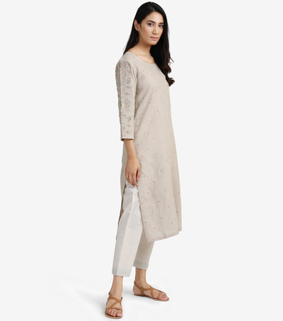 Beige embroidered linen kurta