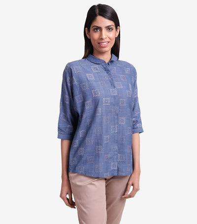 Blue khadi embroidered shirt