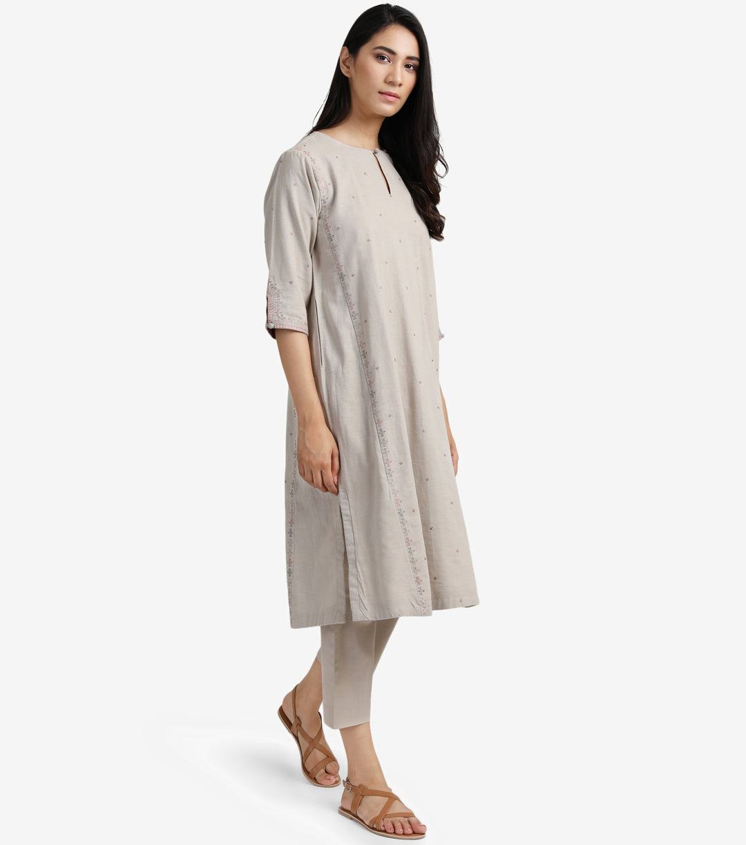 Beige embroidered linen kurta