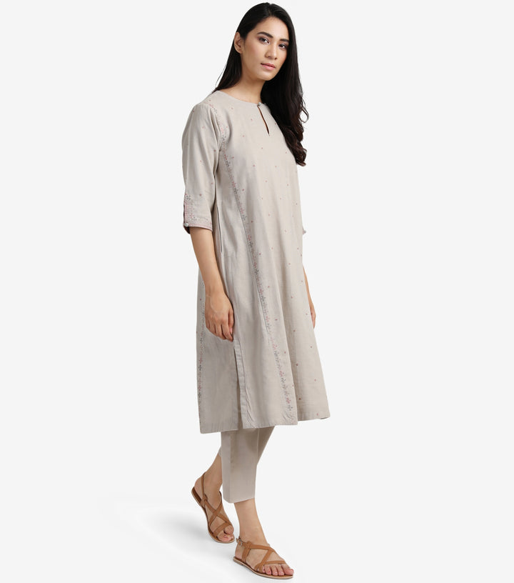 Beige embroidered linen kurta