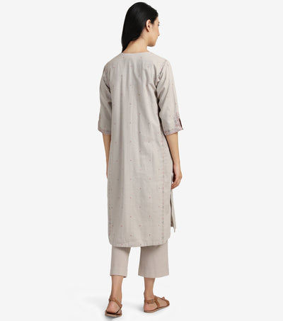 Beige embroidered linen kurta