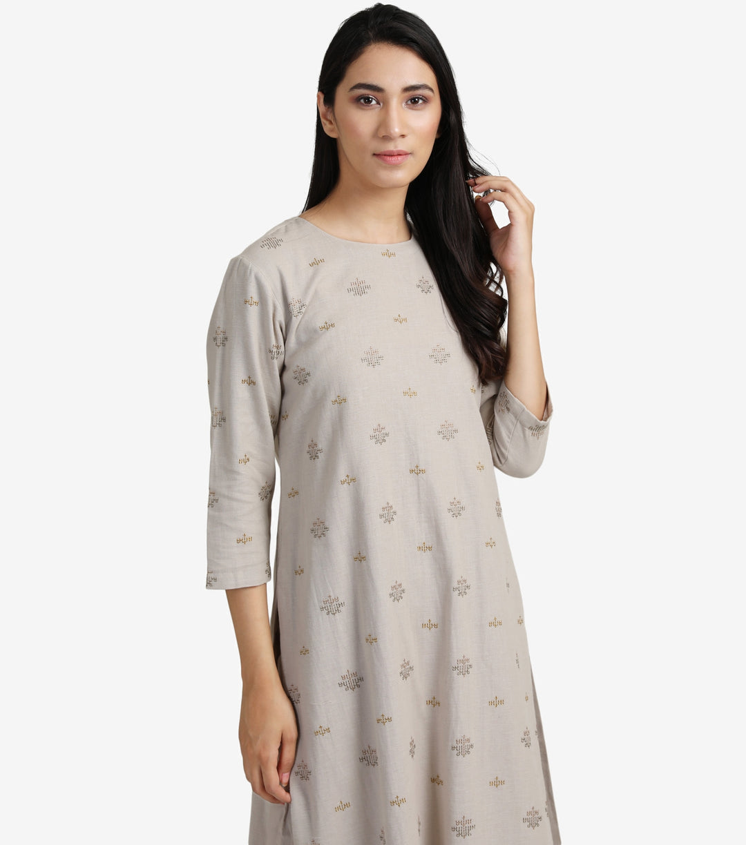 Beige Embroidered Viscose Linen Kurta & Cotton Pants Set